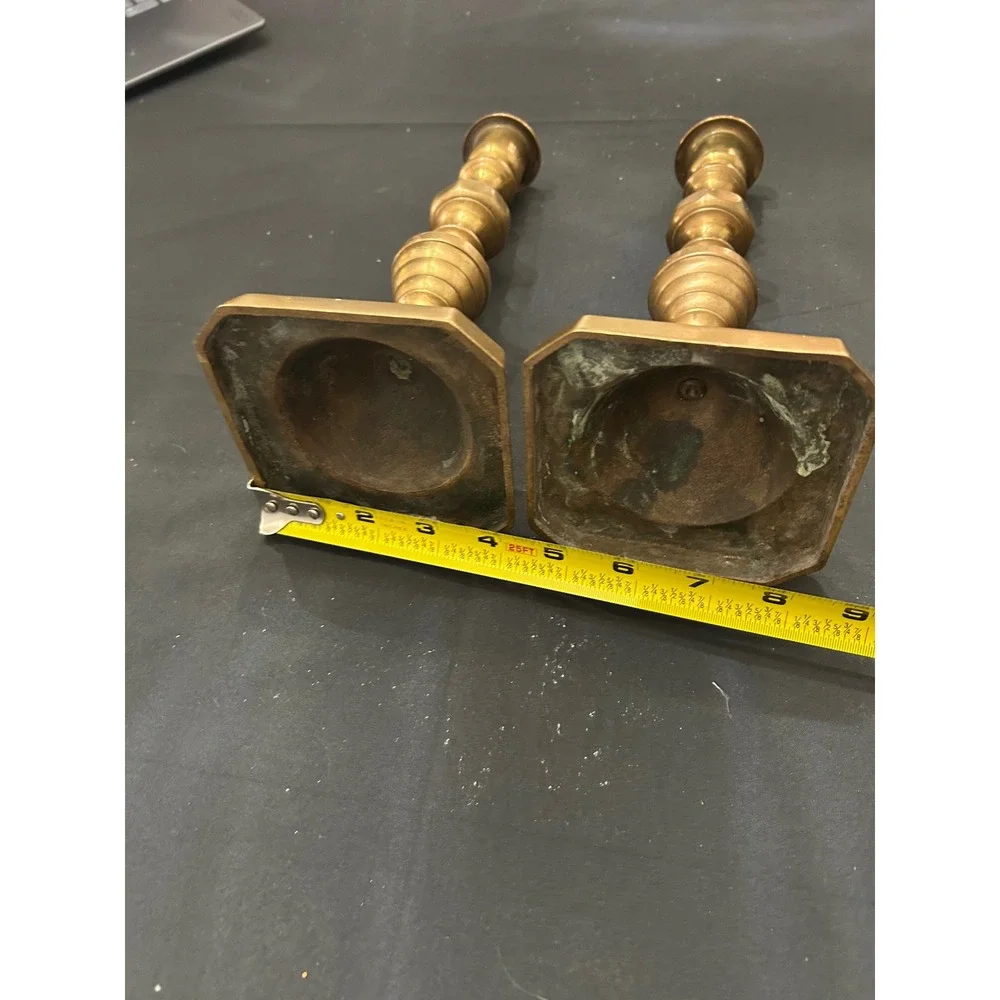 Pair Heavy Solid Brass Candlestick Holders Vintage Turned Colonial Style 8.5